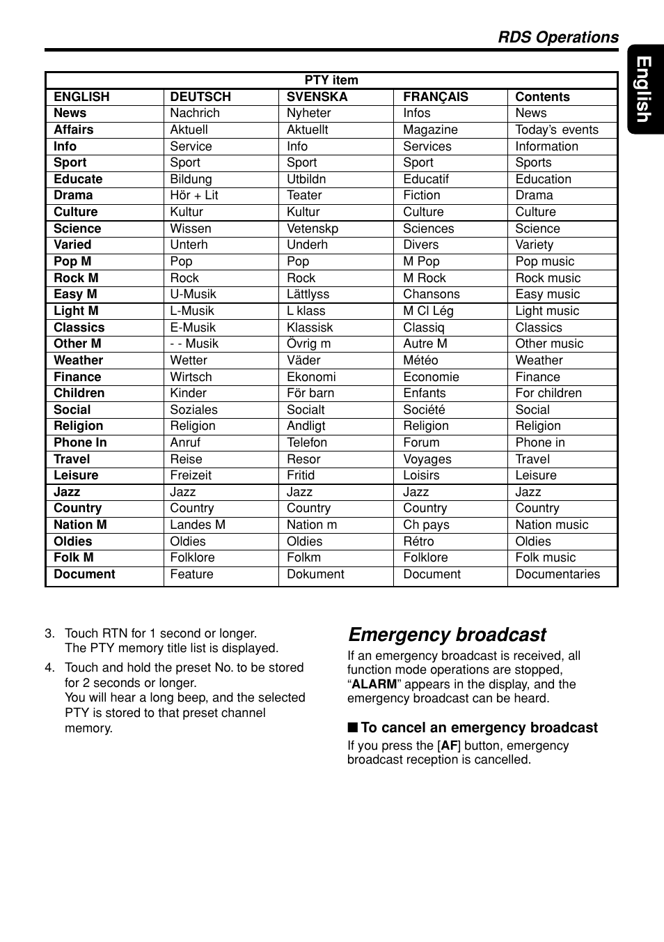 29 english, Emergency broadcast, Rds operations | Clarion DXZ948RMP User Manual | Page 29 / 69