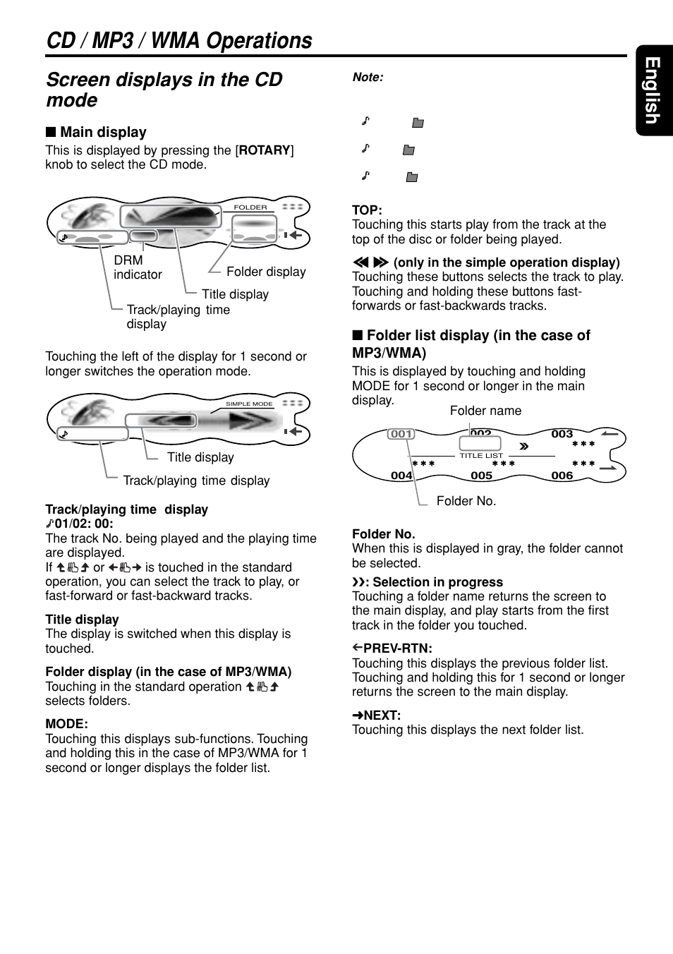 Cd / mp3 / wma operations, 31 english, Screen displays in the cd mode | Main display, Folder list display (in the case of mp3/wma) | Clarion DXZ948RMP User Manual | Page 31 / 69