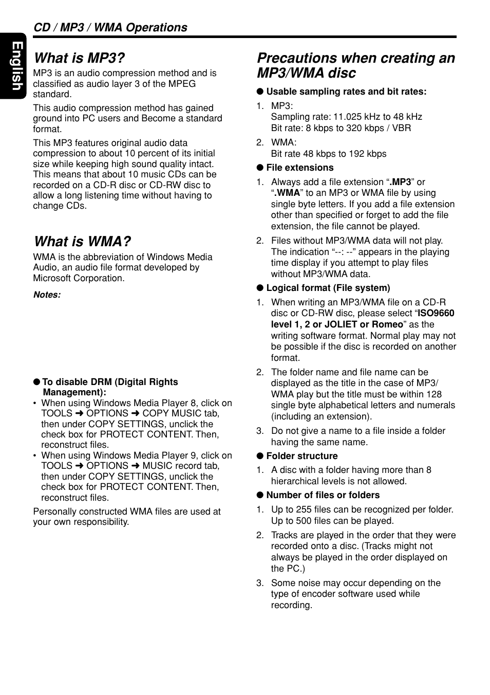 English, What is mp3, What is wma | Precautions when creating an mp3/wma disc, Cd / mp3 / wma operations | Clarion DXZ948RMP User Manual | Page 32 / 69