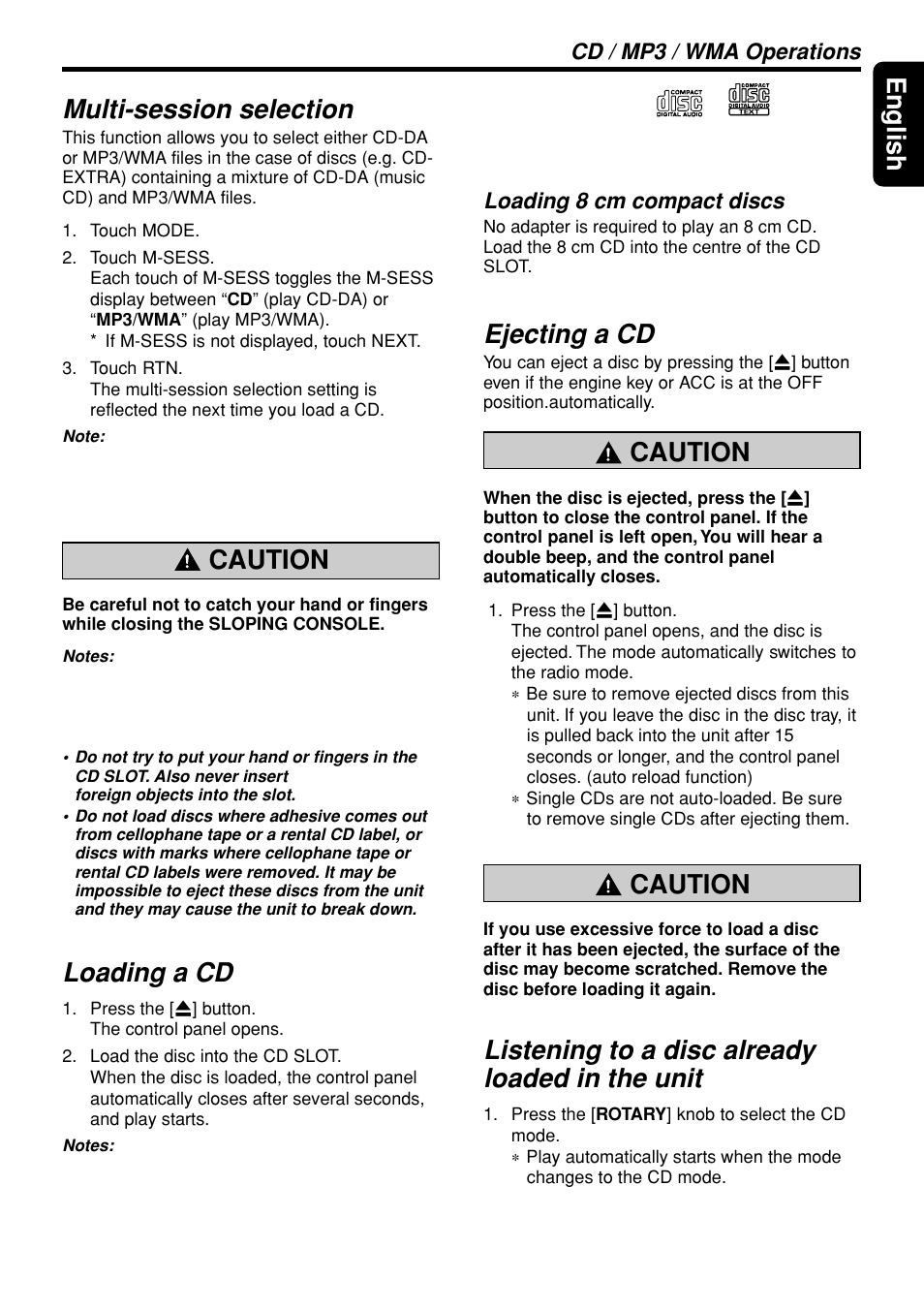 33 english, Multi-session selection, Caution | Loading a cd, Ejecting a cd, Listening to a disc already loaded in the unit, Cd / mp3 / wma operations, Loading 8 cm compact discs | Clarion DXZ948RMP User Manual | Page 33 / 69