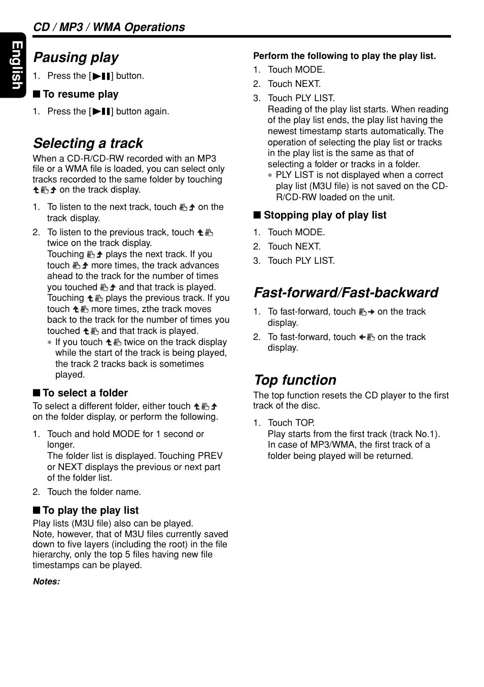 English, Pausing play, Selecting a track | Fast-forward/fast-backward, Top function, Cd / mp3 / wma operations | Clarion DXZ948RMP User Manual | Page 34 / 69