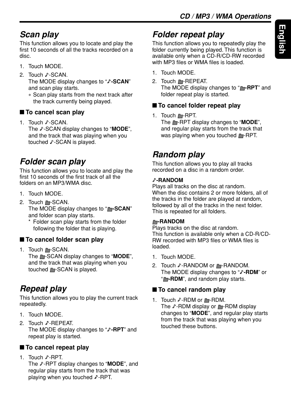 35 english, Scan play, Folder scan play | Repeat play, Folder repeat play, Random play, Cd / mp3 / wma operations | Clarion DXZ948RMP User Manual | Page 35 / 69