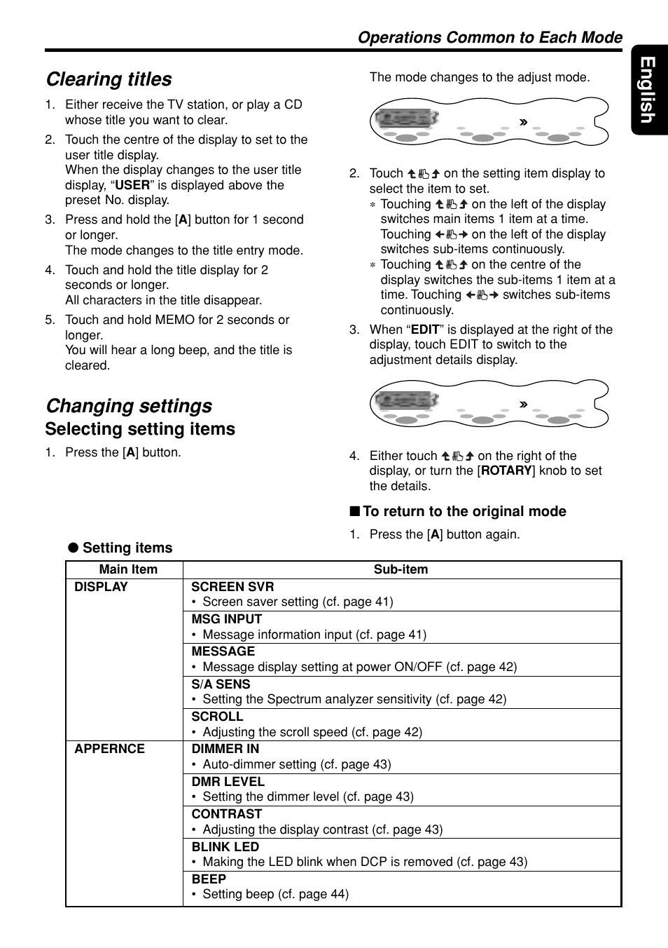 39 english, Clearing titles, Changing settings | Selecting setting items, Operations common to each mode | Clarion DXZ948RMP User Manual | Page 39 / 69