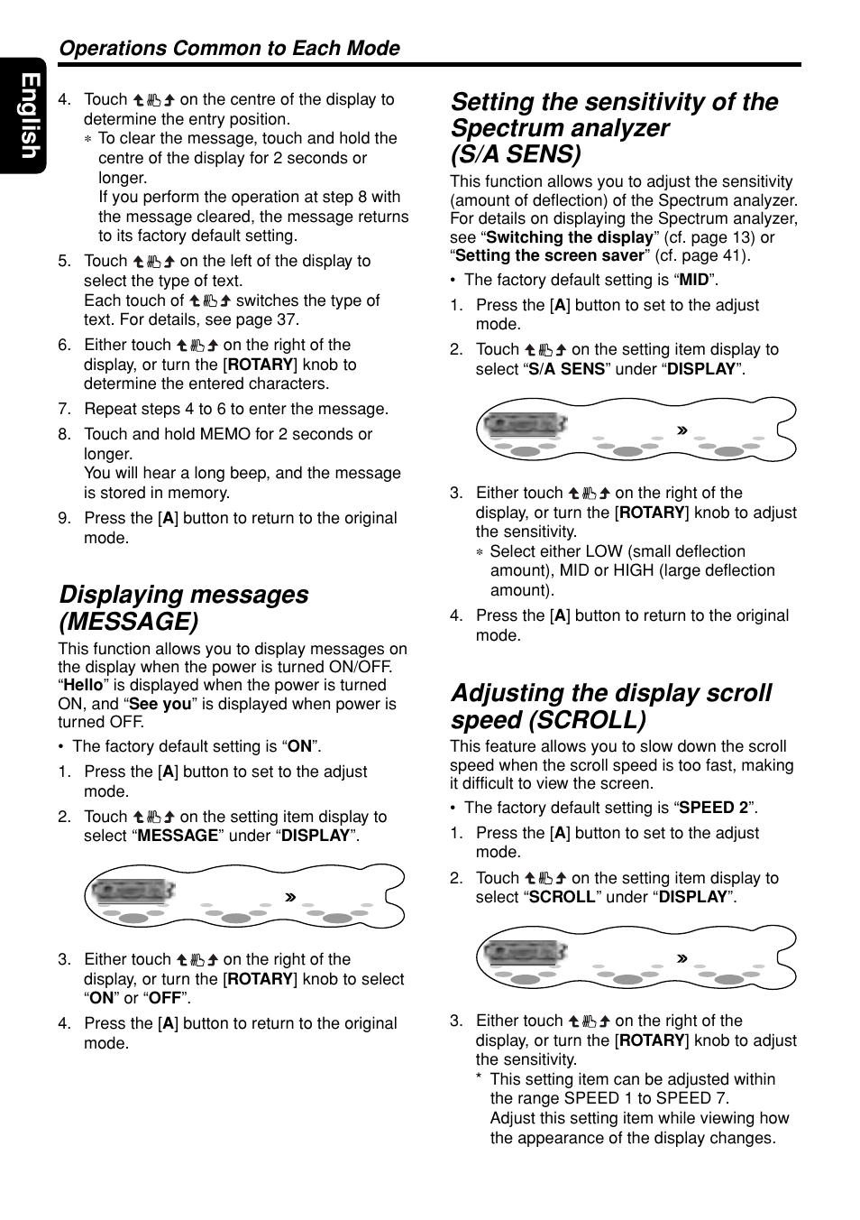 English, Displaying messages (message), Adjusting the display scroll speed (scroll) | Operations common to each mode | Clarion DXZ948RMP User Manual | Page 42 / 69