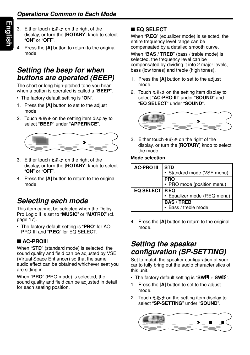 English, Selecting each mode, Setting the speaker configuration (sp-setting) | Operations common to each mode | Clarion DXZ948RMP User Manual | Page 44 / 69