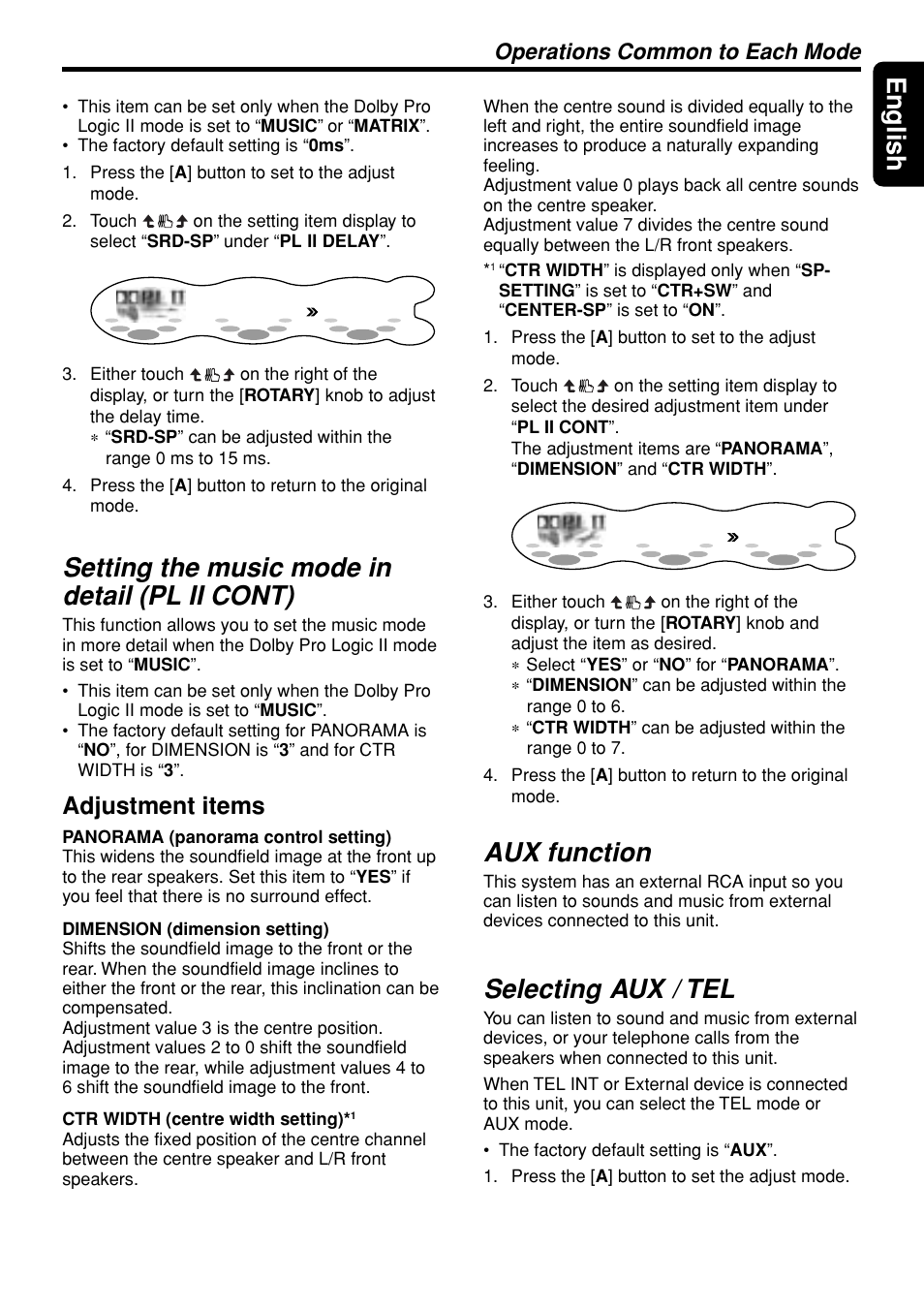 47 english, Setting the music mode in detail (pl ii cont), Aux function | Selecting aux / tel, Adjustment items, Operations common to each mode | Clarion DXZ948RMP User Manual | Page 47 / 69