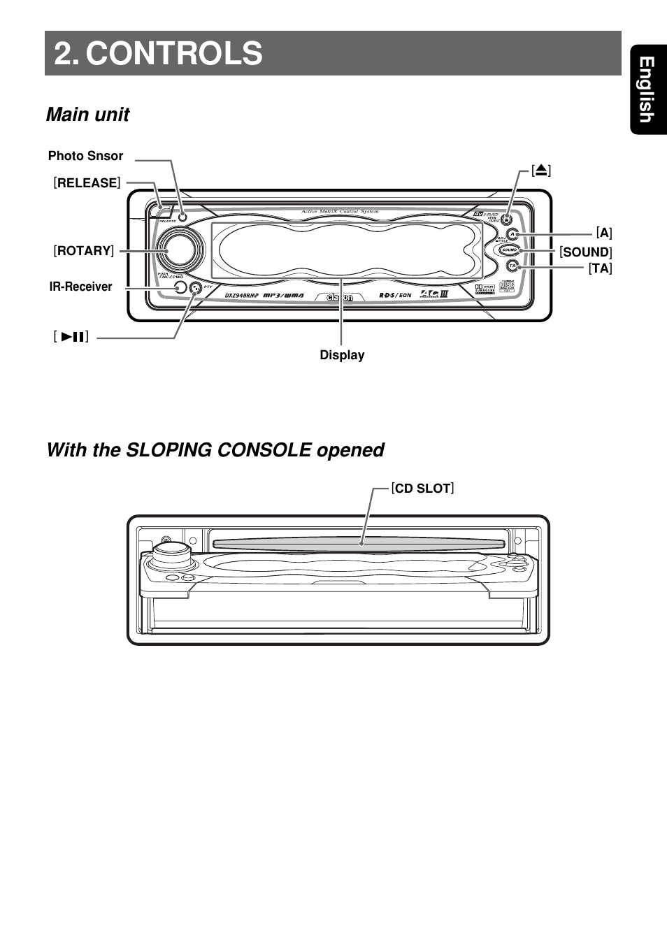 Controls, 5english, Main unit with the sloping console opened | Clarion DXZ948RMP User Manual | Page 5 / 69