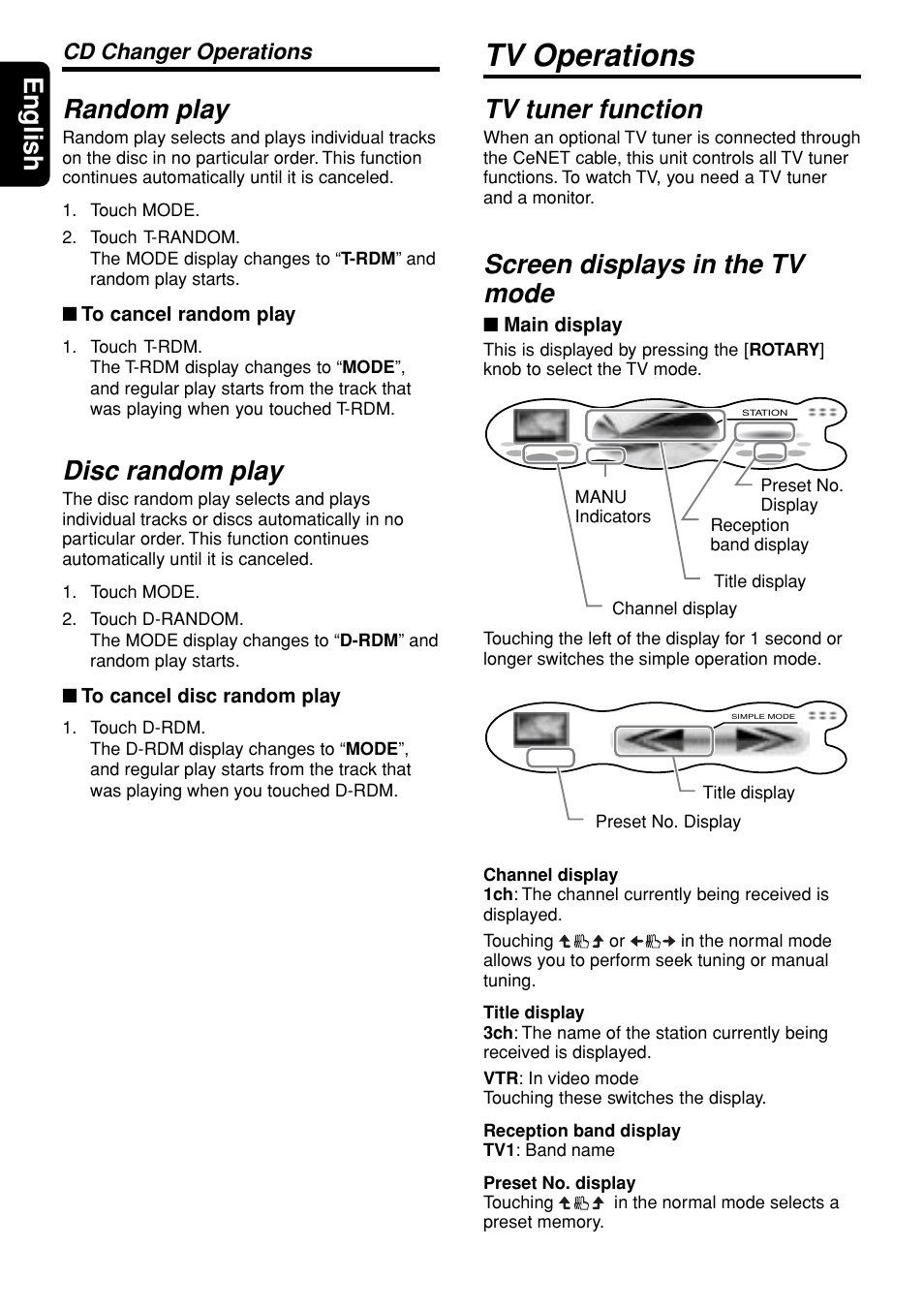 Tv operations, English random play, Disc random play | Tv tuner function, Screen displays in the tv mode, Cd changer operations | Clarion DXZ948RMP User Manual | Page 54 / 69