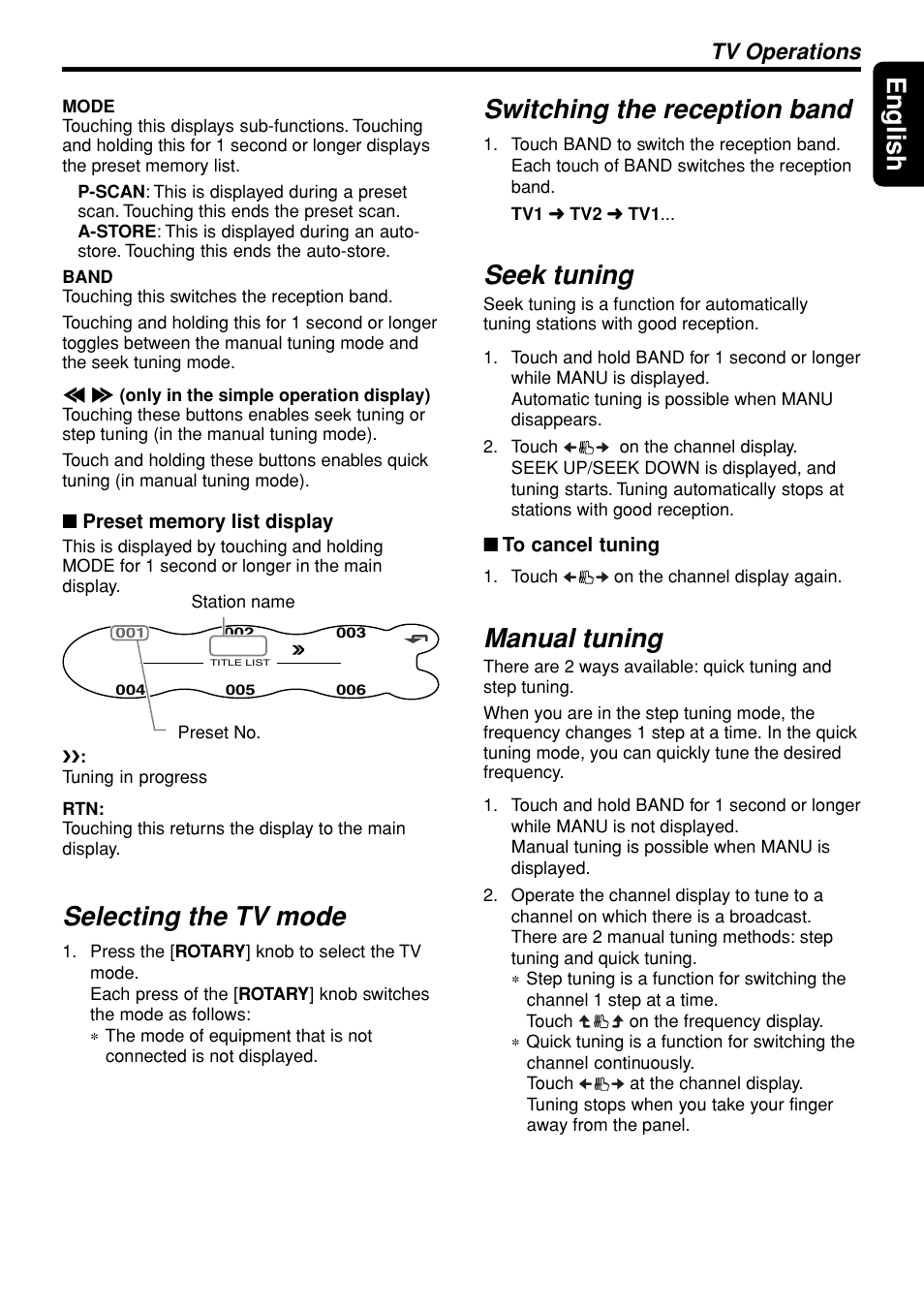 55 english, Selecting the tv mode, Switching the reception band | Seek tuning, Manual tuning, Tv operations | Clarion DXZ948RMP User Manual | Page 55 / 69