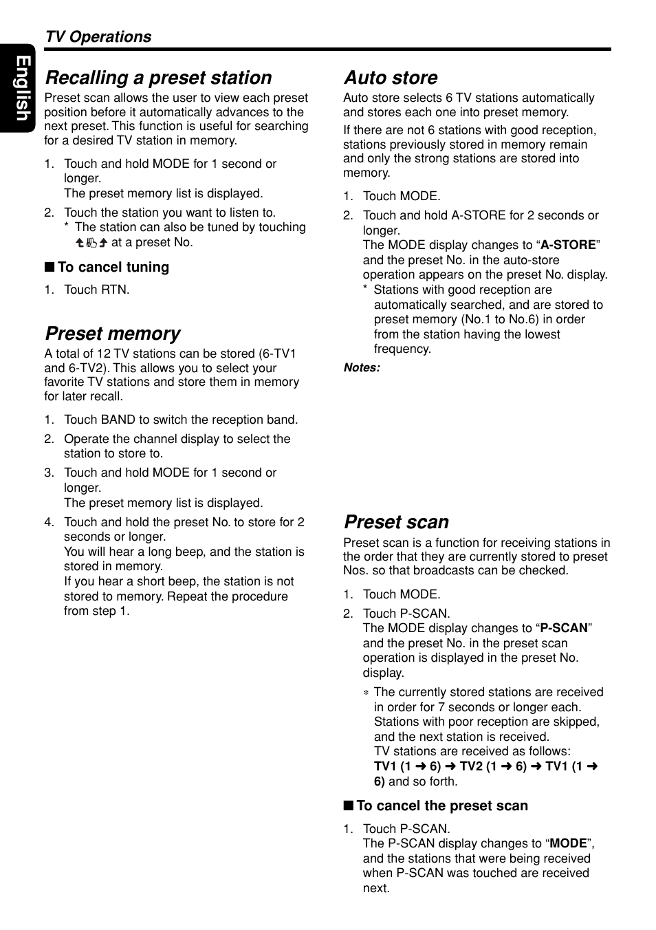 English recalling a preset station, Auto store, Preset scan | Tv operations | Clarion DXZ948RMP User Manual | Page 56 / 69