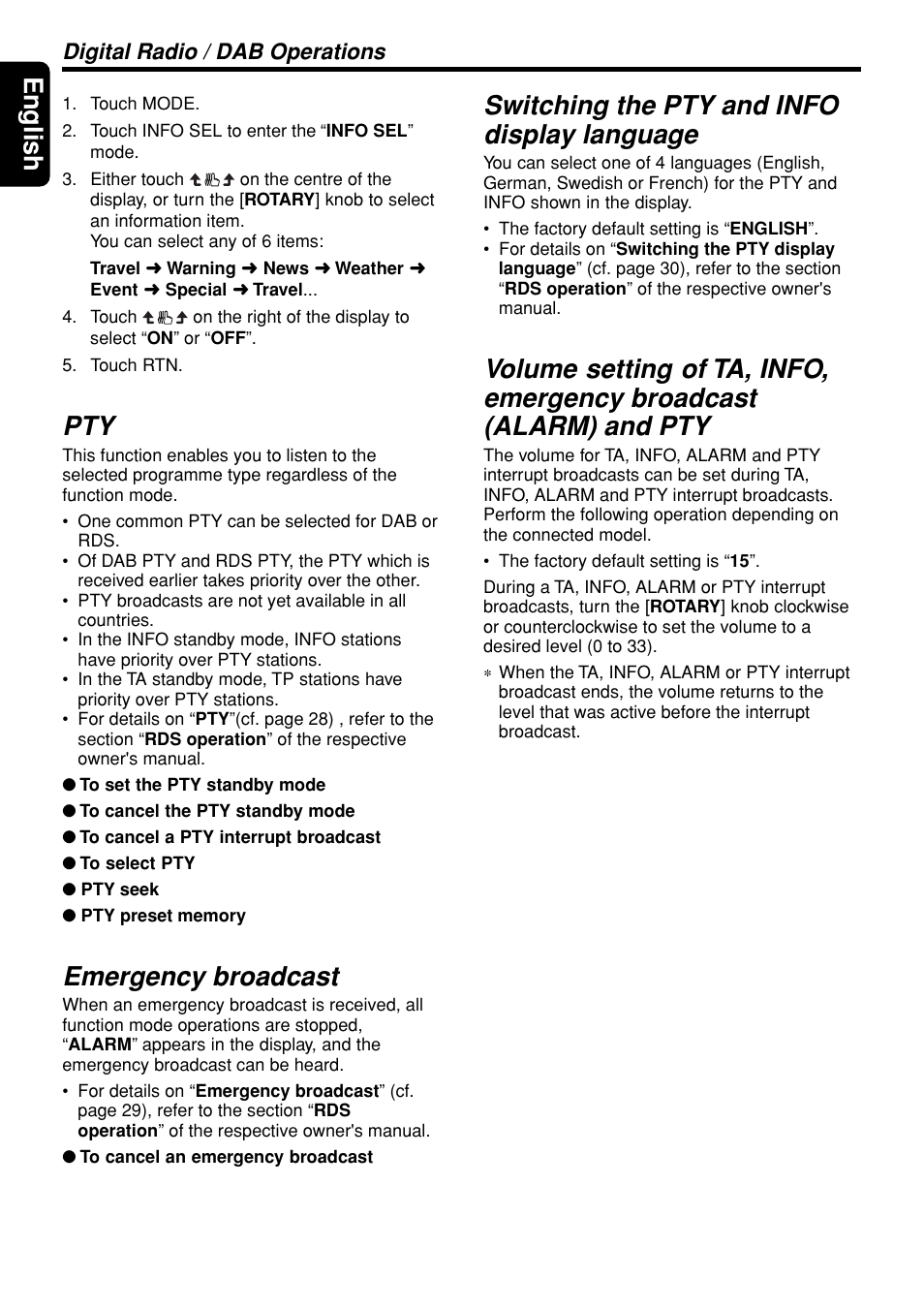 English, Emergency broadcast, Switching the pty and info display language | Digital radio / dab operations | Clarion DXZ948RMP User Manual | Page 60 / 69