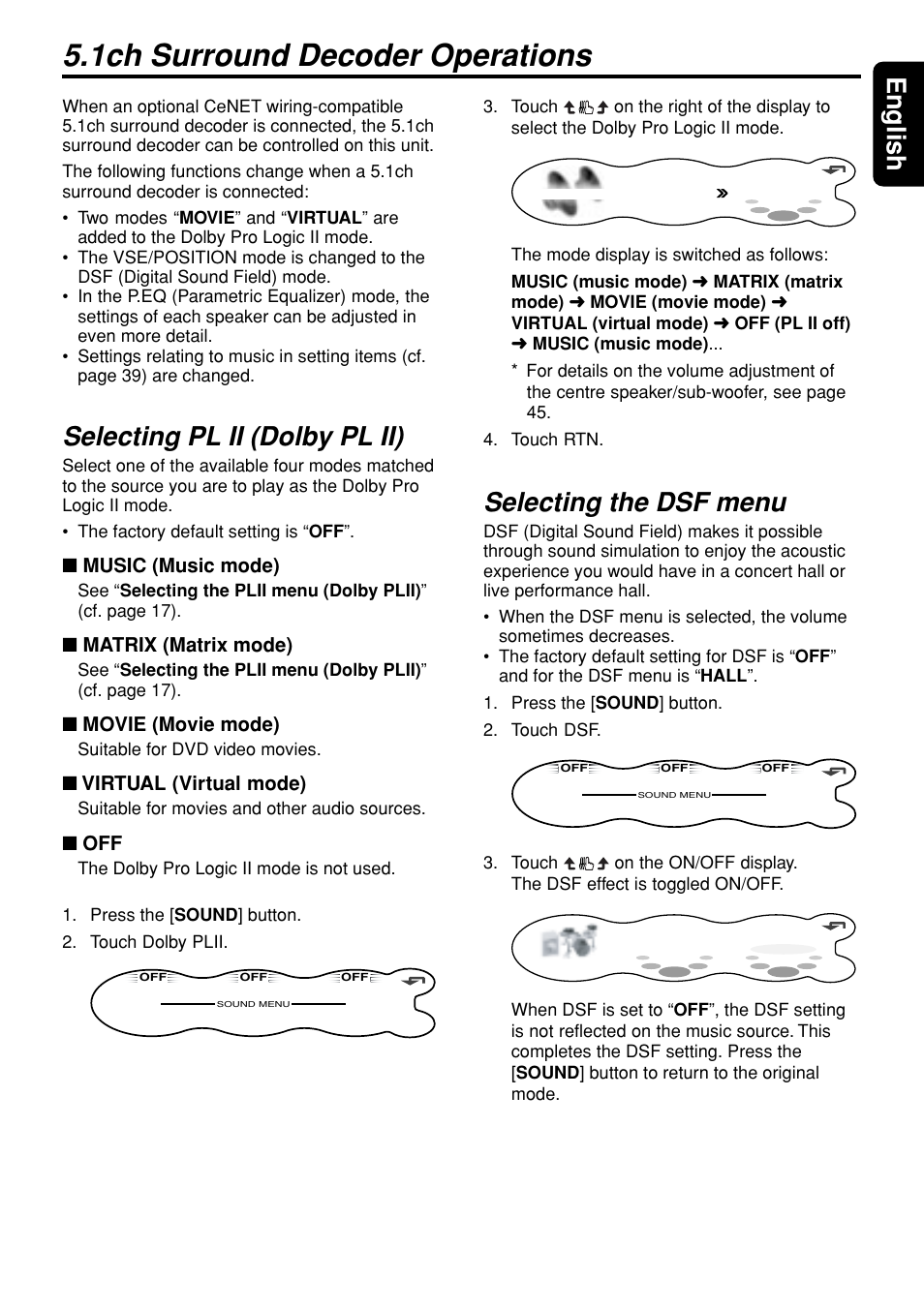 1ch surround decoder operations, 61 english, Selecting pl ii (dolby pl ii) | Selecting the dsf menu | Clarion DXZ948RMP User Manual | Page 61 / 69