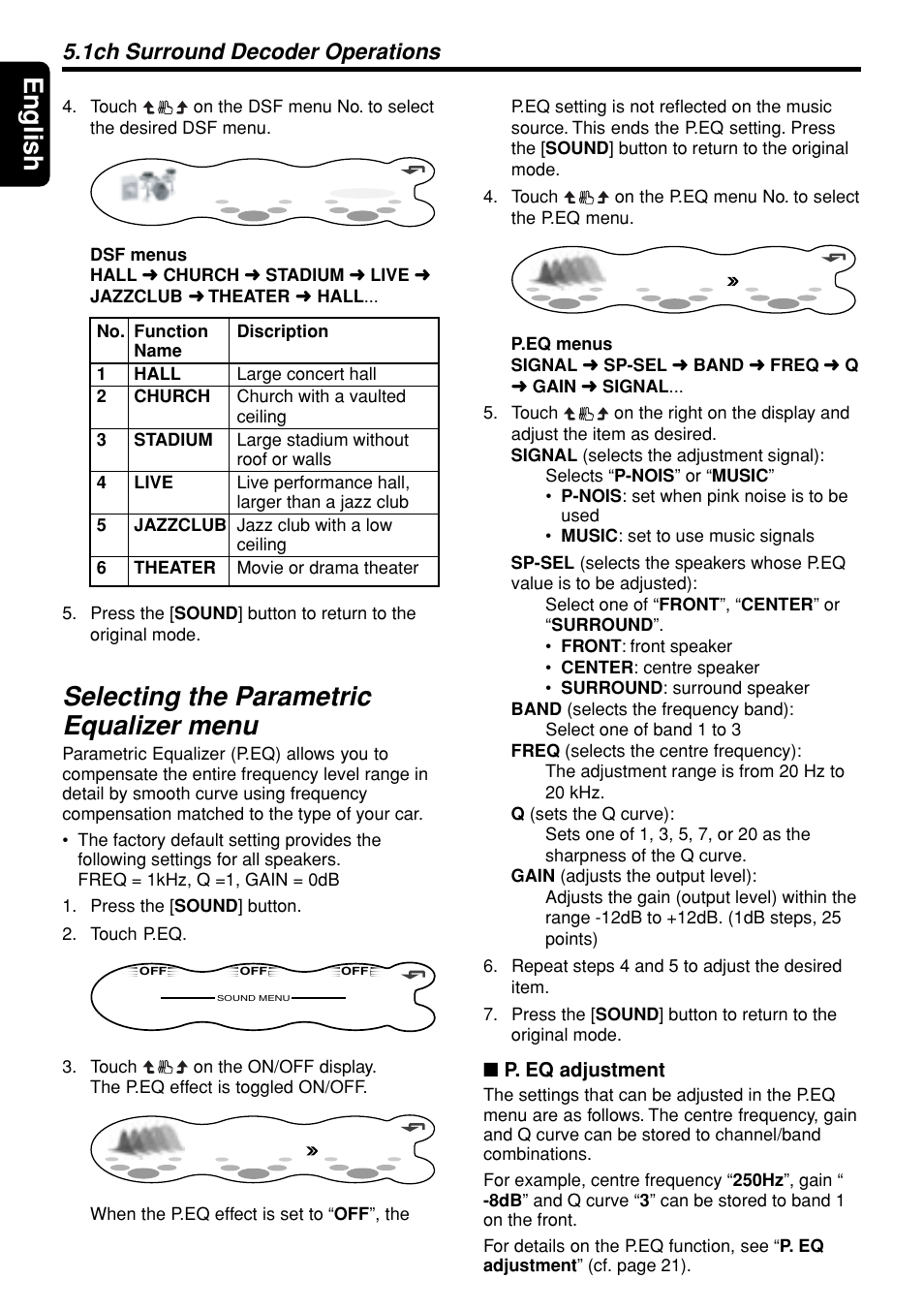 English, Selecting the parametric equalizer menu, 1ch surround decoder operations | Clarion DXZ948RMP User Manual | Page 62 / 69