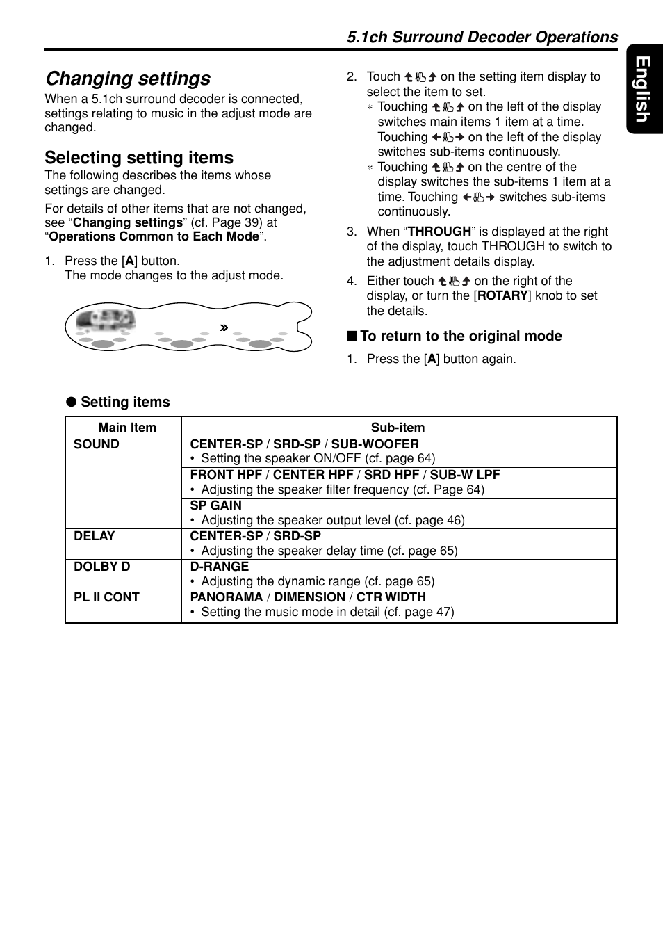 63 english, Changing settings, Selecting setting items | 1ch surround decoder operations | Clarion DXZ948RMP User Manual | Page 63 / 69