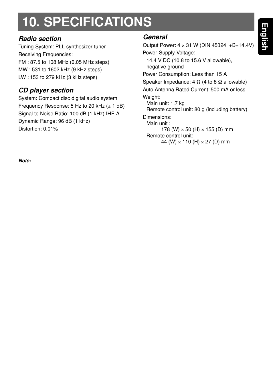 Specifications, 69 english, General | Clarion DXZ948RMP User Manual | Page 69 / 69