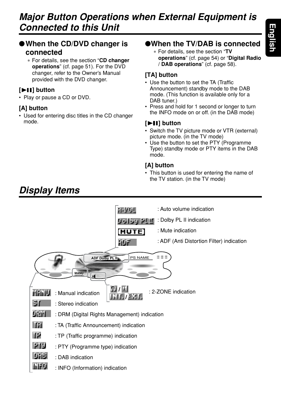 Display items, 7english, When the cd/dvd changer is connected | When the tv/dab is connected | Clarion DXZ948RMP User Manual | Page 7 / 69