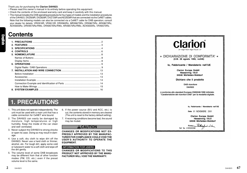 Owner’s manual, Mode d’emploi, Bedienungsanleitung | Istruzioni per l’uso, Bruksanvisning, 2001/12 (a·k), Gt-977e, Clarion co., ltd, Printed in japan, Imprimé au japon | Clarion DAH923 User Manual | Page 2 / 10