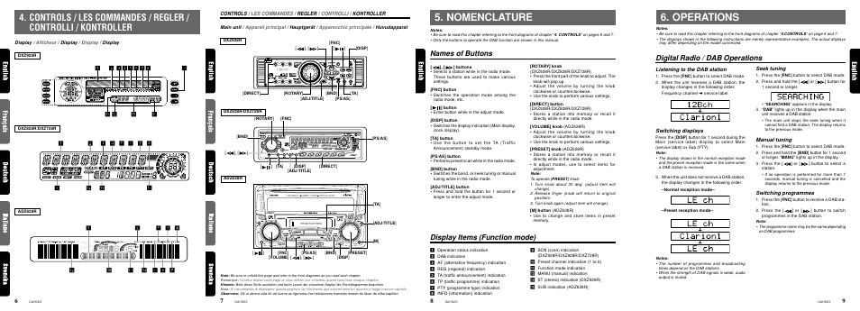 Nomenclature, Operations, Names of buttons display items (function mode) | Digital radio / dab operations, Listening to the dab station, Switching displays, Seek tuning, Manual tuning, Switching programmes | Clarion DAH923 User Manual | Page 4 / 10