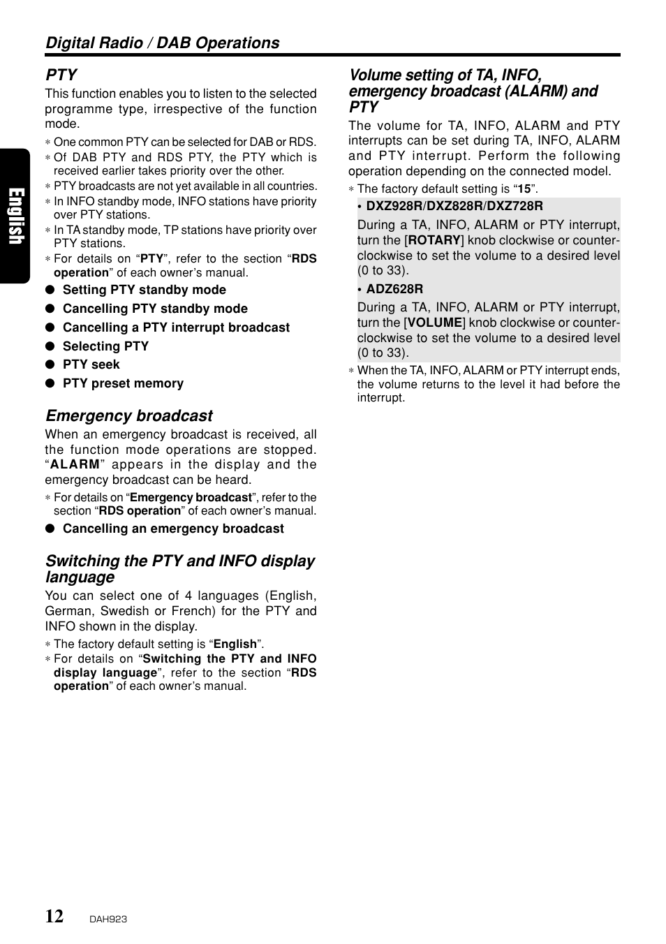 Digital radio / dab operations pty, Emergency broadcast, Switching the pty and info display language | Clarion DAH923 User Manual | Page 6 / 10