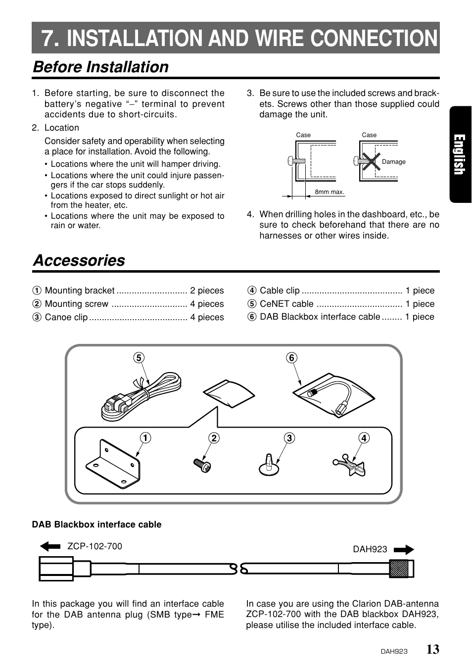 Installation and wire connection, Accessories, Before installation | Clarion DAH923 User Manual | Page 7 / 10