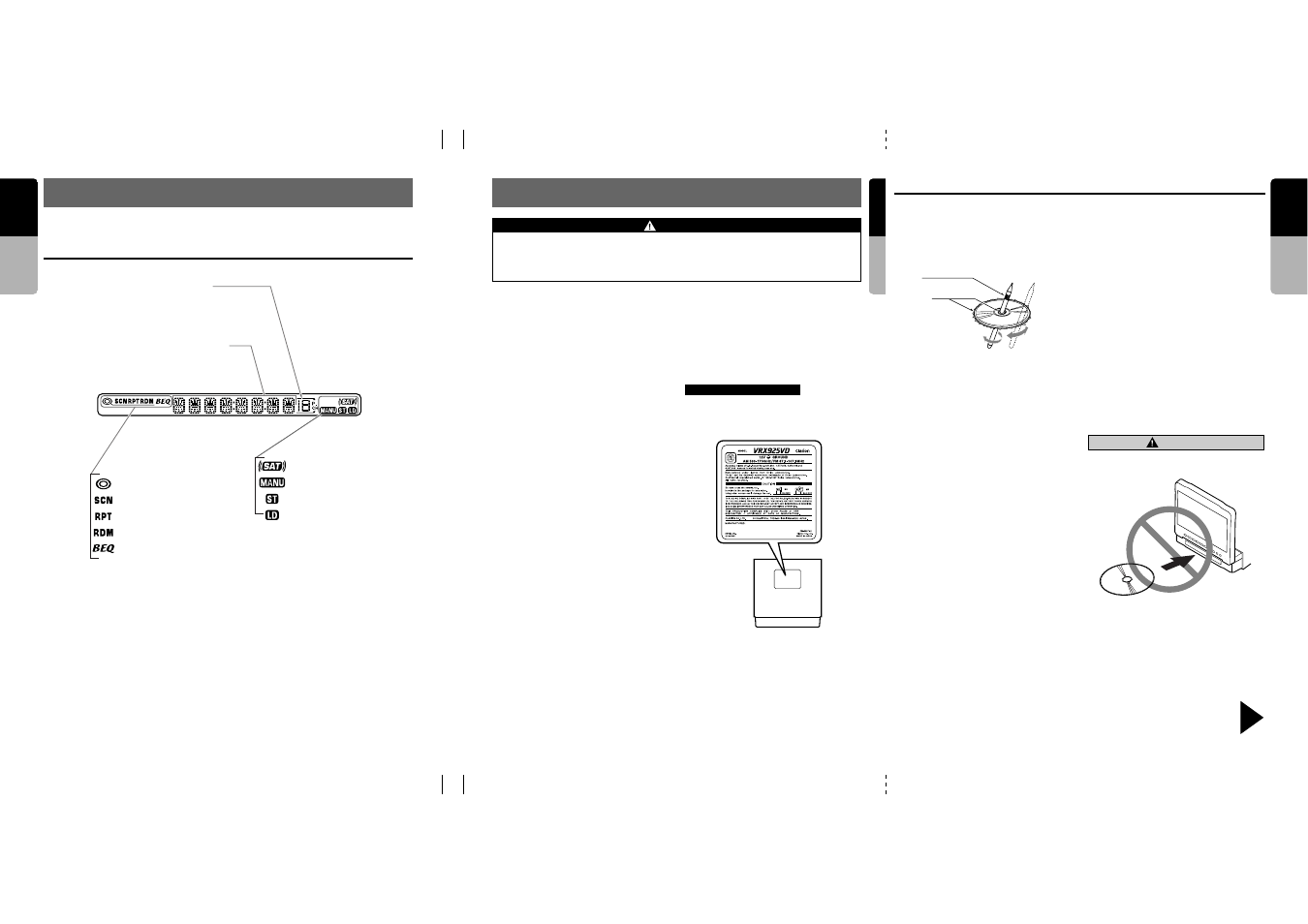 Display, Precautions, Information panel | Handling discs, 4english, English, Caution, Warning, Handling, Storage | Clarion VRX925VD User Manual | Page 3 / 82