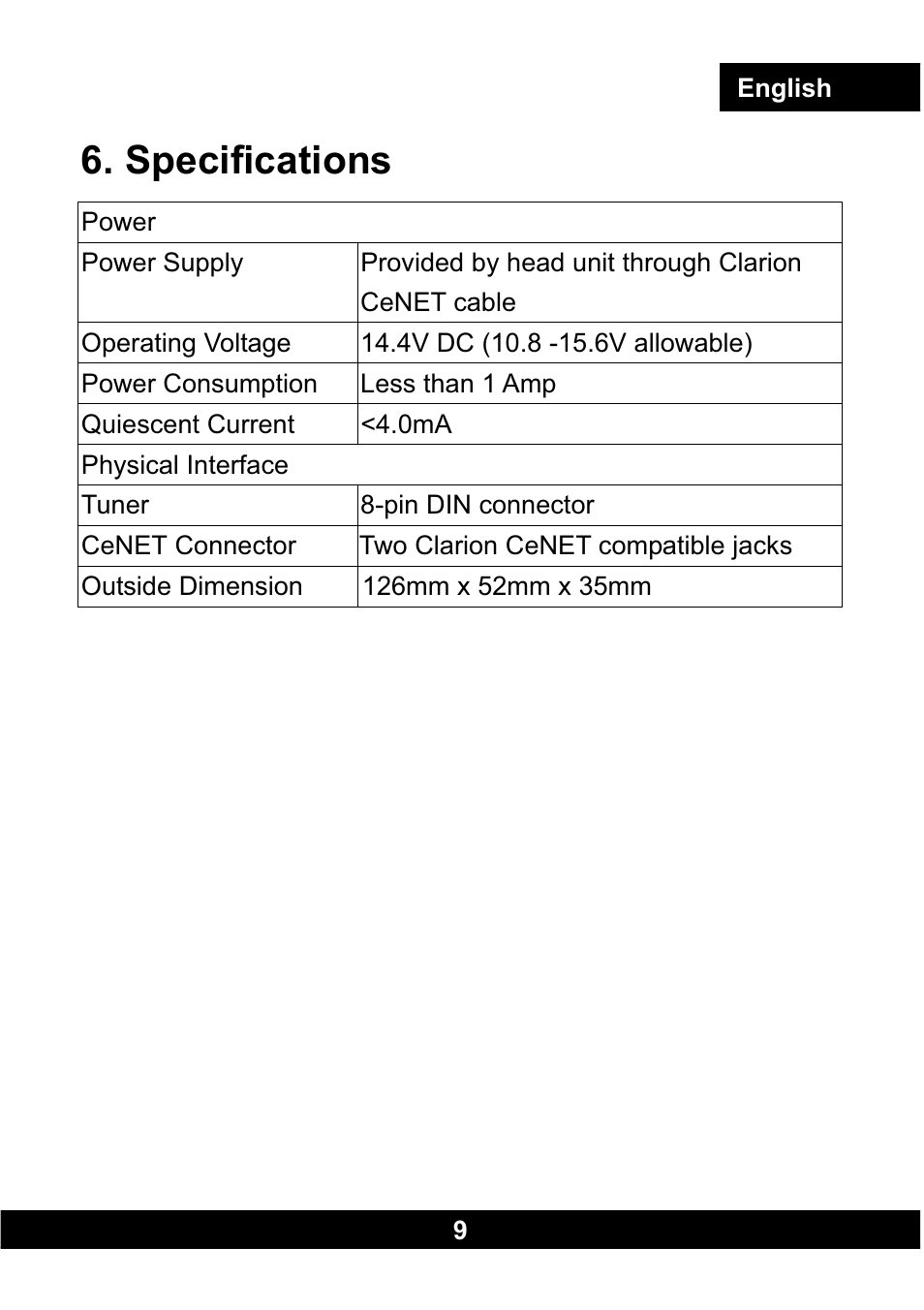 Specifications | Clarion CLA-SC1 User Manual | Page 10 / 12