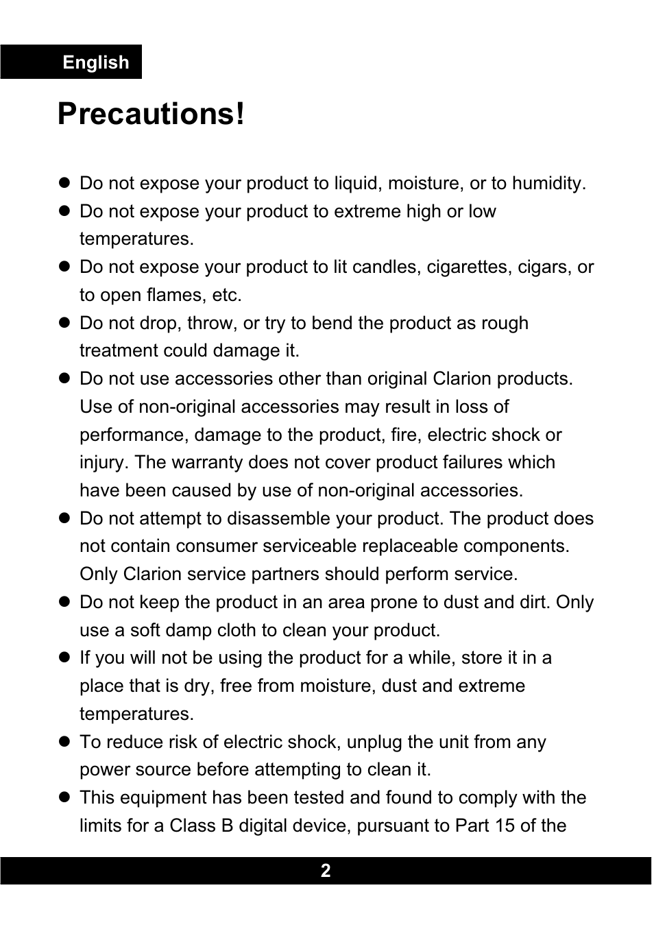 Precautions | Clarion CLA-SC1 User Manual | Page 3 / 12