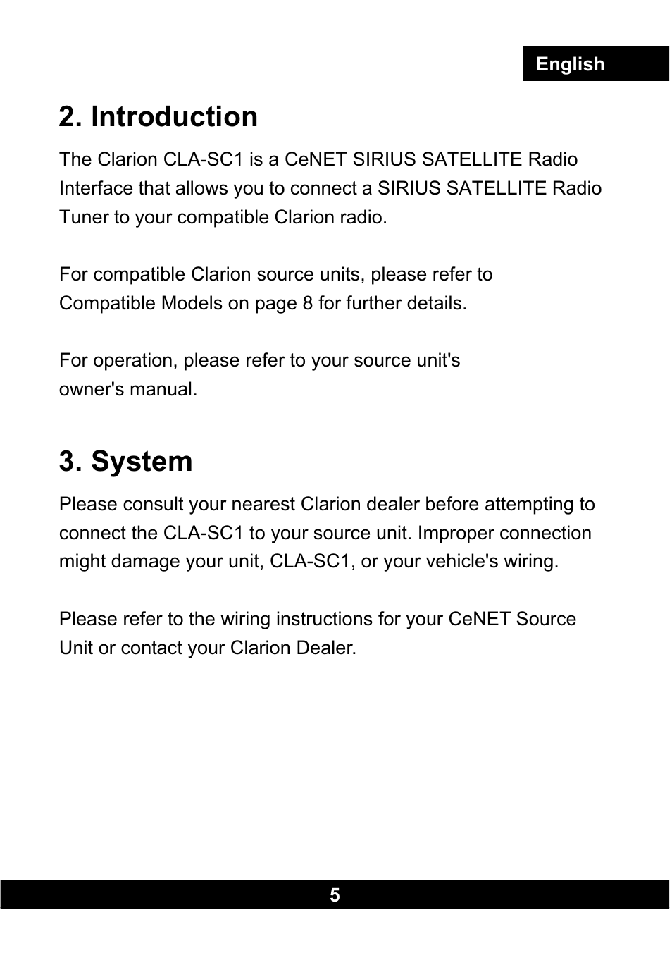 Introduction, System | Clarion CLA-SC1 User Manual | Page 6 / 12