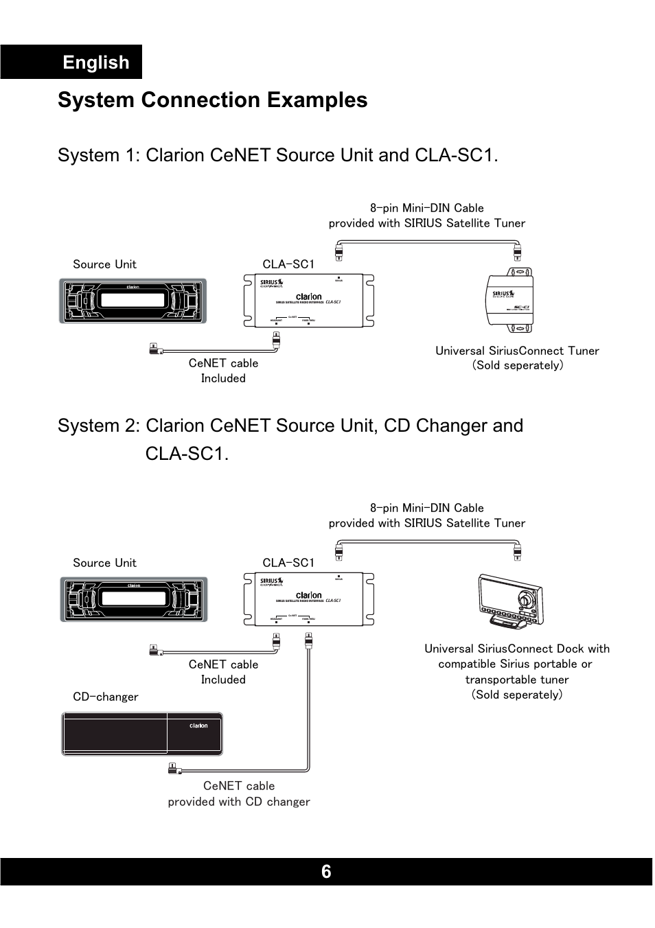 System connection examples, 6english, 㪚㪼㪥㪜㪫㩷㪺㪸㪹㫃㪼 㫇㫉㫆㫍㫀㪻㪼㪻㩷㫎㫀㫋㪿㩷㪚㪛㩷㪺㪿㪸㫅㪾㪼㫉 | Clarion CLA-SC1 User Manual | Page 7 / 12