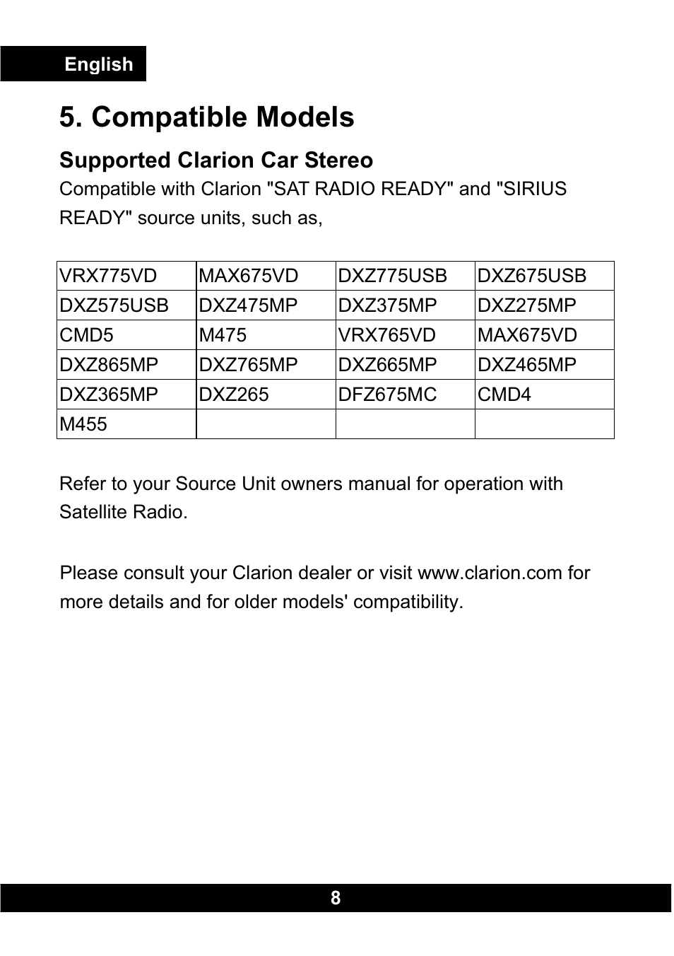 Compatible models | Clarion CLA-SC1 User Manual | Page 9 / 12