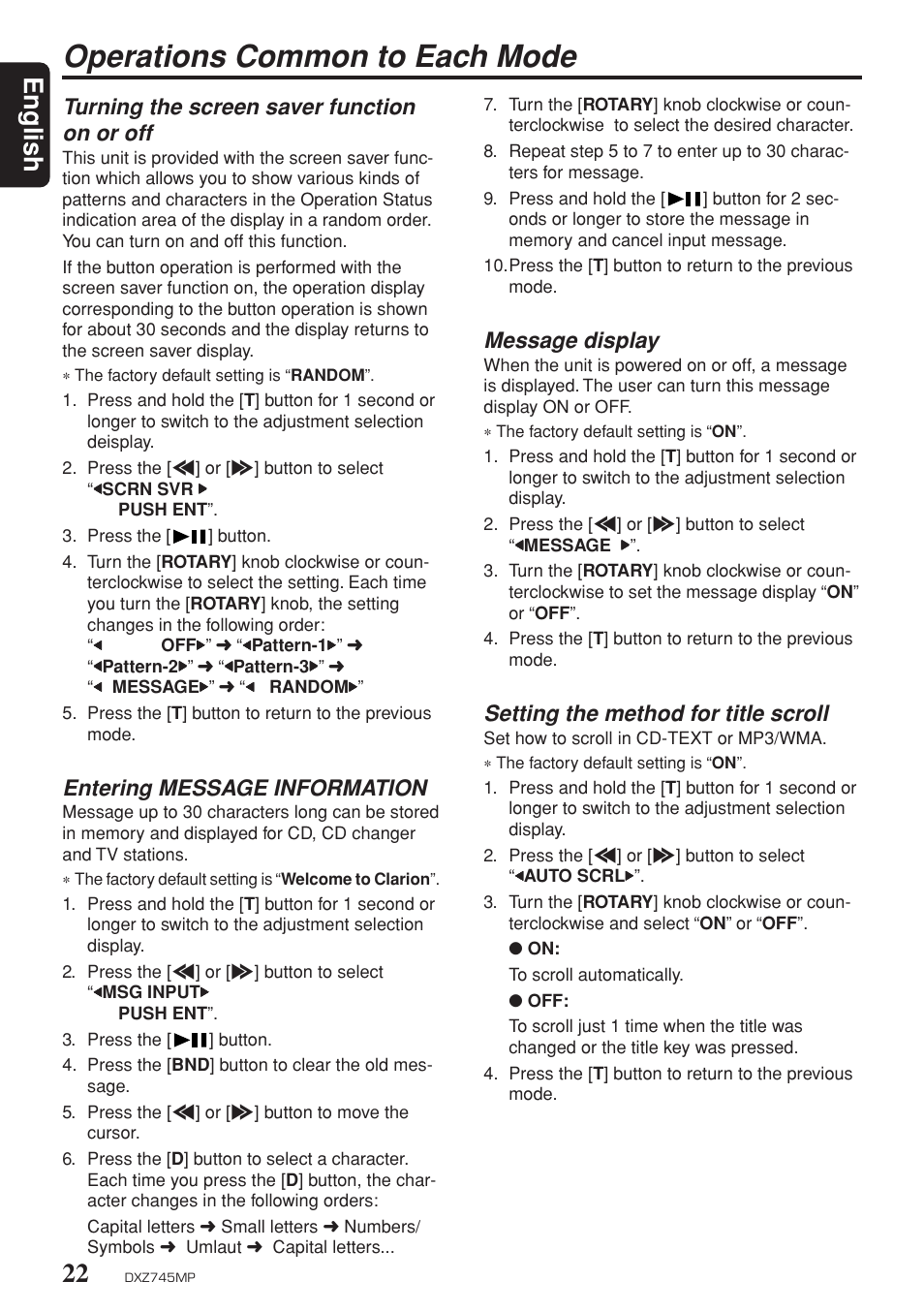Operations common to each mode, English, Turning the screen saver function on or off | Entering message information, Message display, Setting the method for title scroll, Scrn svr, Pattern-1, Pattern-2, Pattern-3 | Clarion DXZ745MP User Manual | Page 18 / 32