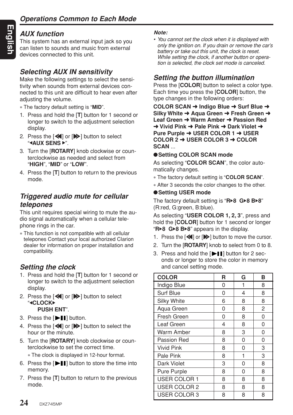 English, Operations common to each mode aux function, Selecting aux in sensitivity | Triggered audio mute for cellular telepones, Setting the clock, Setting the button illumination | Clarion DXZ745MP User Manual | Page 20 / 32