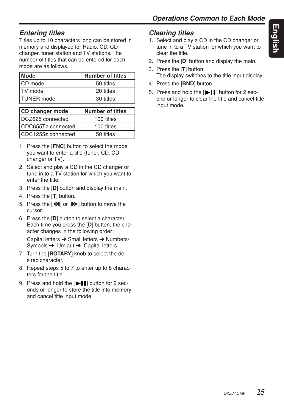 25 english, Operations common to each mode entering titles, Clearing titles | Clarion DXZ745MP User Manual | Page 21 / 32