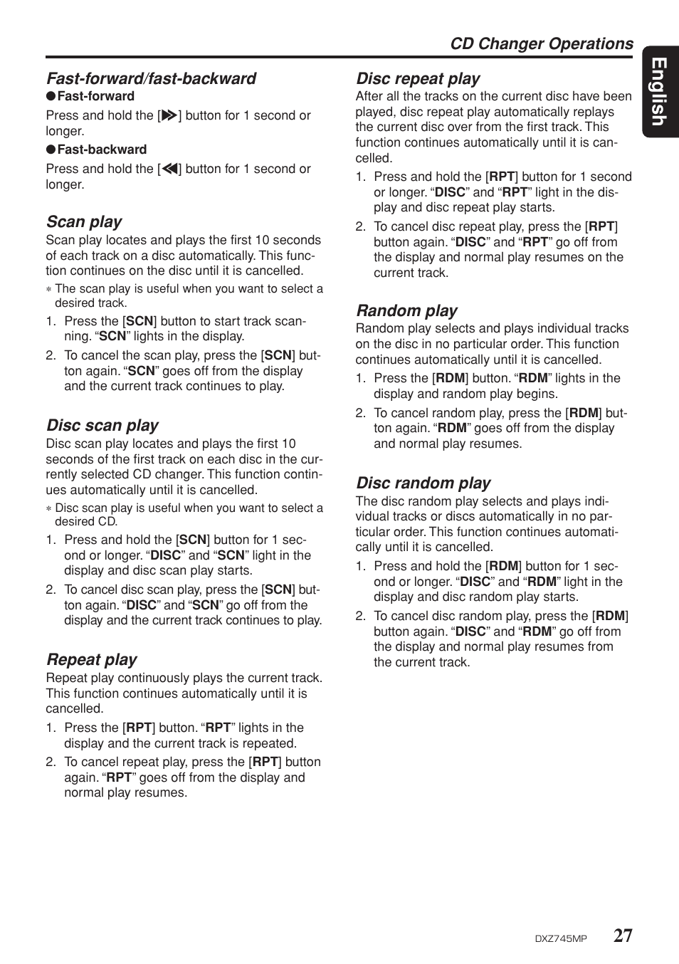 27 english, Cd changer operations fast-forward/fast-backward, Scan play | Disc scan play, Repeat play, Disc repeat play, Random play, Disc random play | Clarion DXZ745MP User Manual | Page 23 / 32