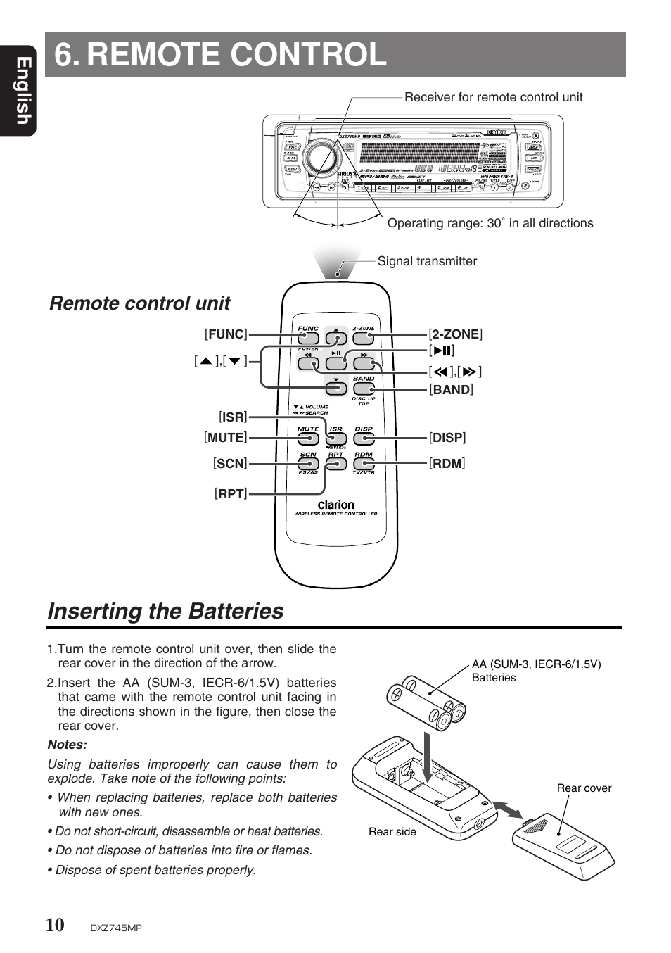 Remote control, Inserting the batteries, English | Remote control unit | Clarion DXZ745MP User Manual | Page 6 / 32