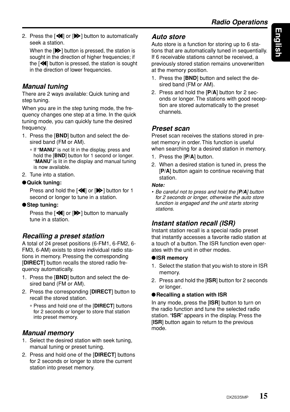 15 english, Radio operations, Manual tuning | Recalling a preset station, Auto store, Preset scan, Instant station recall (isr) | Clarion DXZ635MP User Manual | Page 11 / 26
