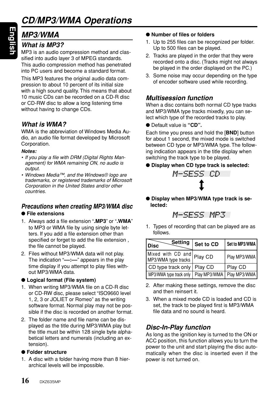 Cd/mp3/wma operations, Mp3/wma, English | Disc-in-play function, Multisession function, What is mp3, What is wma, Precautions when creating mp3/wma disc | Clarion DXZ635MP User Manual | Page 12 / 26