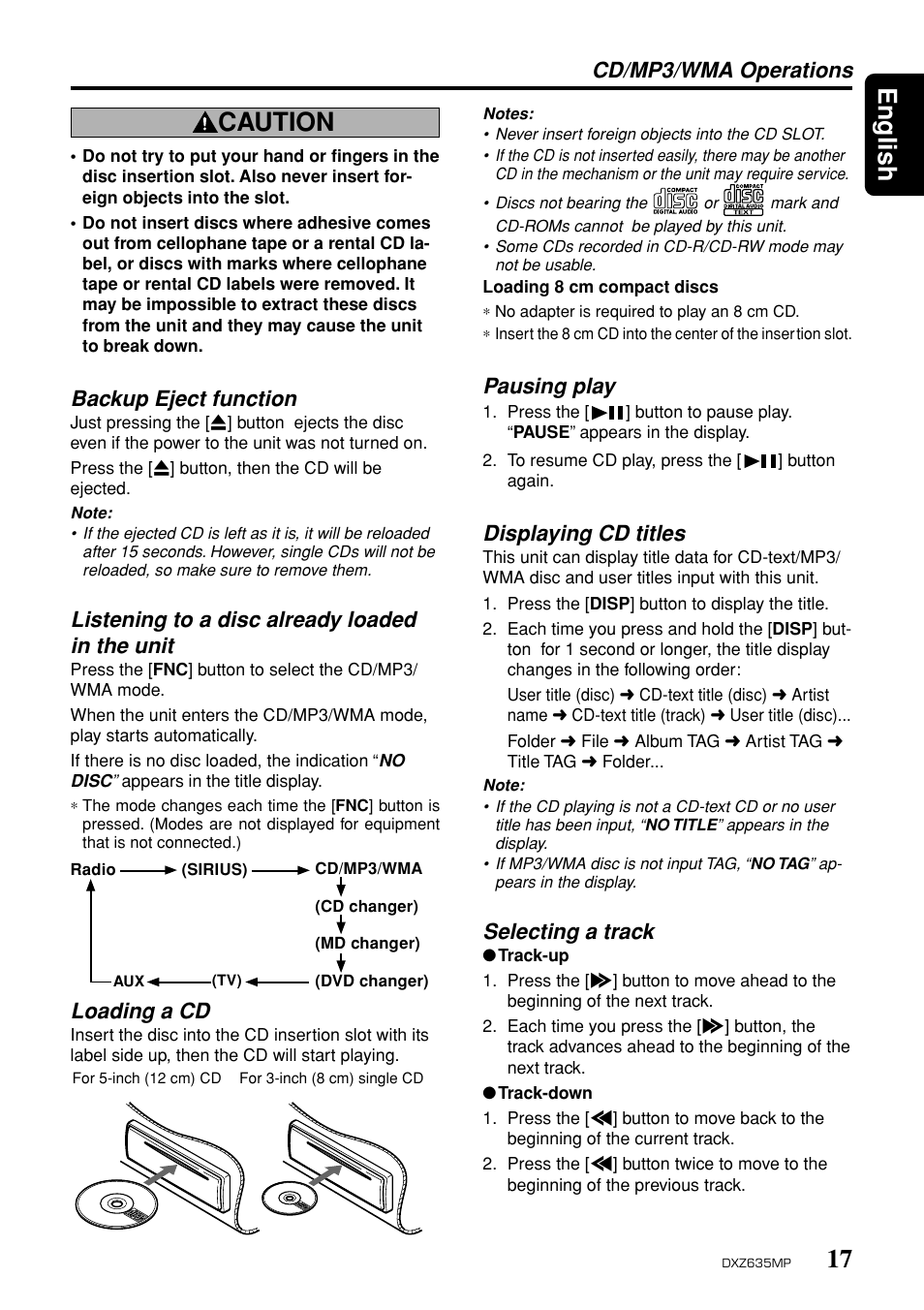 17 english, Caution, Cd/mp3/wma operations | Loading a cd, Backup eject function, Listening to a disc already loaded in the unit, Pausing play, Displaying cd titles, Selecting a track | Clarion DXZ635MP User Manual | Page 13 / 26