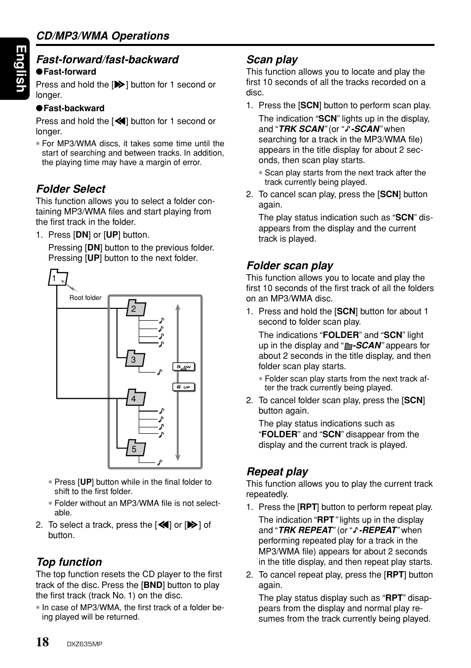 English, Scan play, Folder scan play | Repeat play, Fast-forward/fast-backward, Folder select, Cd/mp3/wma operations, Top function | Clarion DXZ635MP User Manual | Page 14 / 26