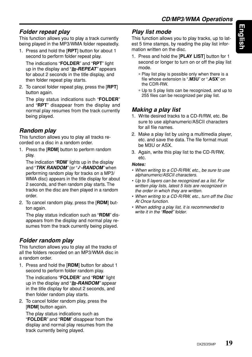 19 english, Cd/mp3/wma operations folder repeat play, Random play | Folder random play, Play list mode, Making a play list | Clarion DXZ635MP User Manual | Page 15 / 26