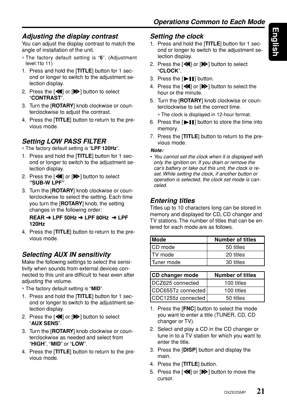 21 english, Setting low pass filter, Selecting aux in sensitivity | Setting the clock, Entering titles | Clarion DXZ635MP User Manual | Page 17 / 26