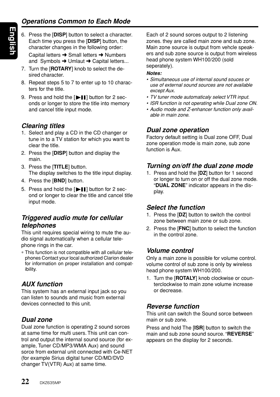 English, Operations common to each mode, Clearing titles | Triggered audio mute for cellular telephones, Aux function, Dual zone, Dual zone operation, Turning on/off the dual zone mode, Select the function, Volume control | Clarion DXZ635MP User Manual | Page 18 / 26