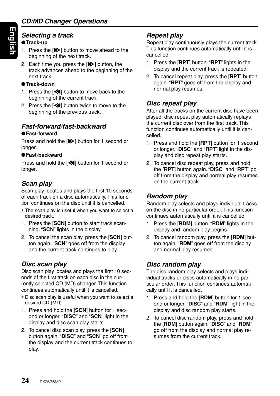 English, Cd/md changer operations selecting a track, Fast-forward/fast-backward | Scan play, Disc scan play, Repeat play, Disc repeat play, Random play, Disc random play | Clarion DXZ635MP User Manual | Page 20 / 26