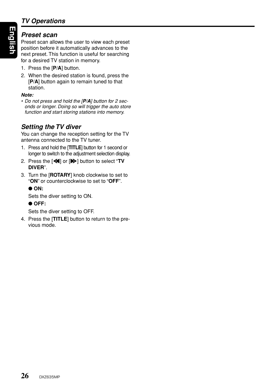 English, Tv operations preset scan, Setting the tv diver | Clarion DXZ635MP User Manual | Page 22 / 26