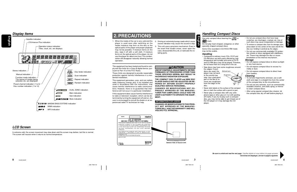 Precautions, Handling compact discs, Lcd screen | Display items, 4english english english, Caution, Handling, Storage, Cleaning | Clarion DXZ635MP User Manual | Page 3 / 26