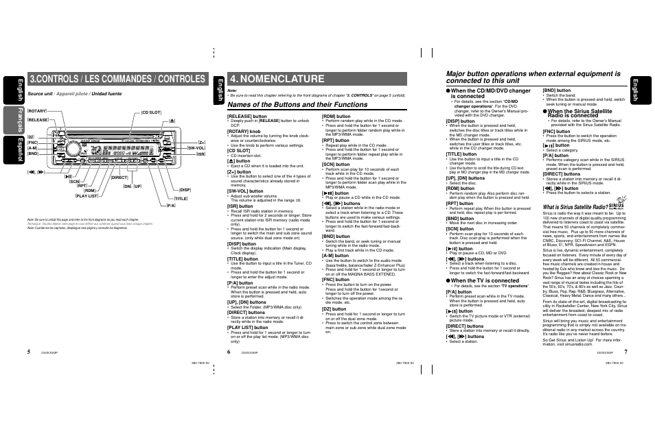 Nomenclature, Controls / les commandes / controles, Names of the buttons and their functions | English, English fran ç ais espa ñ ol english, What is sirius satellite radio, When the sirius satellite radio is connected, When the cd/md/dvd changer is connected, When the tv is connected | Clarion DXZ635MP User Manual | Page 4 / 26
