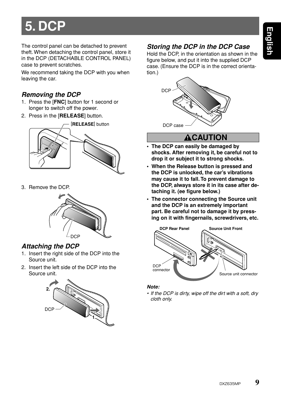 9english, Caution, Removing the dcp | Attaching the dcp, Storing the dcp in the dcp case | Clarion DXZ635MP User Manual | Page 5 / 26