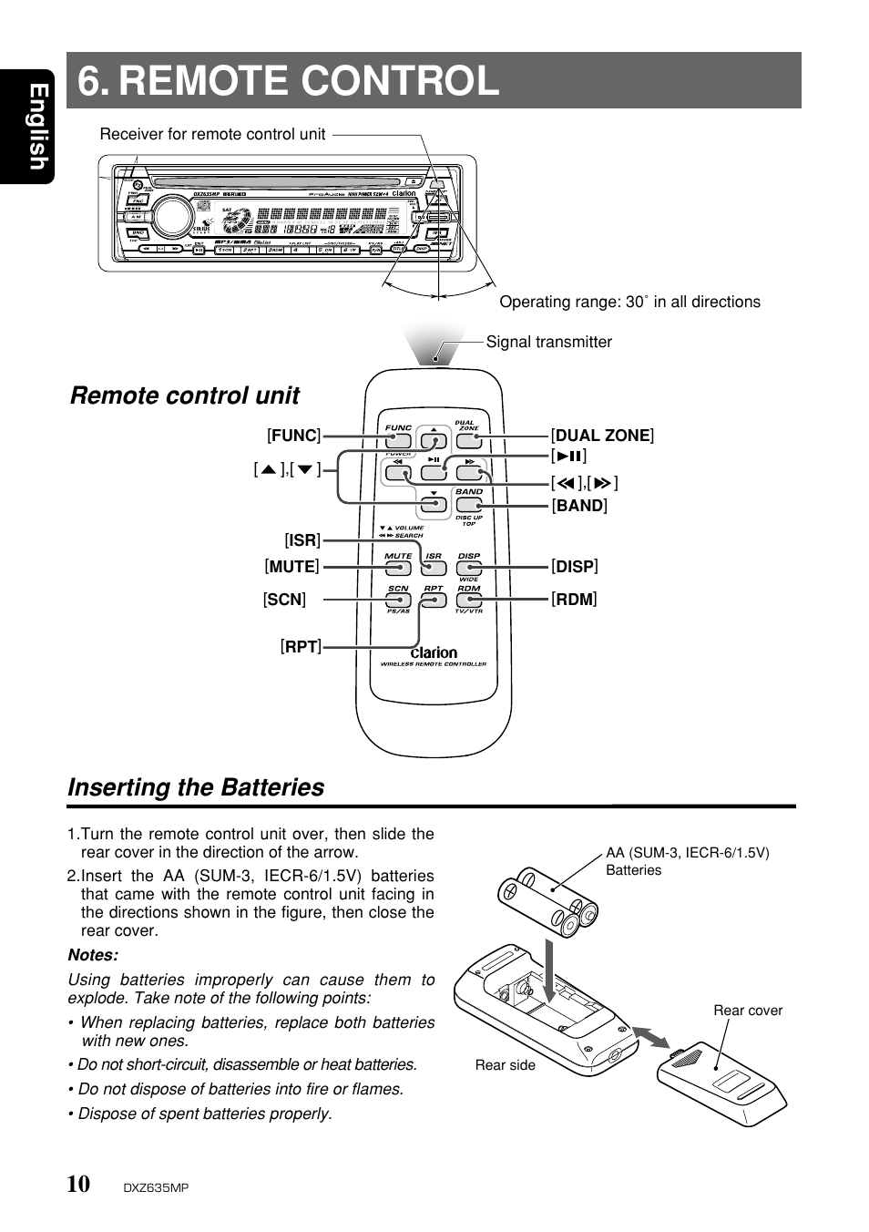 Remote control, Remote control unit inserting the batteries, English | Clarion DXZ635MP User Manual | Page 6 / 26