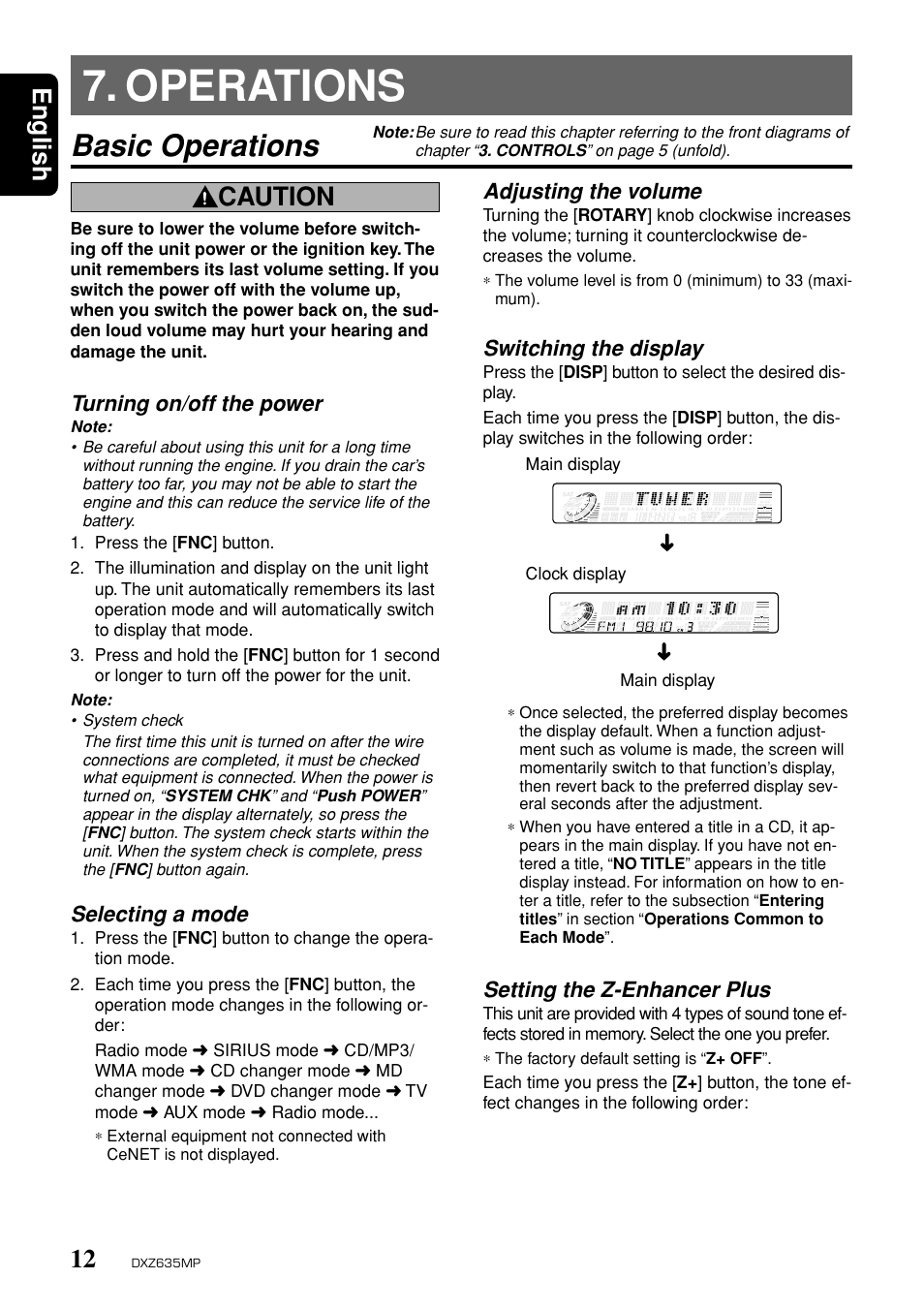 Operations, Basic operations, English | Caution, Turning on/off the power, Selecting a mode, Adjusting the volume, Switching the display, Setting the z-enhancer plus | Clarion DXZ635MP User Manual | Page 8 / 26