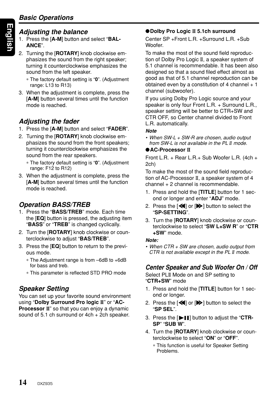 English, Adjusting the balance, Adjusting the fader | Operation bass/treb, Speaker setting, Center speaker and sub woofer on / off, Basic operations | Clarion DXZ935 User Manual | Page 10 / 30